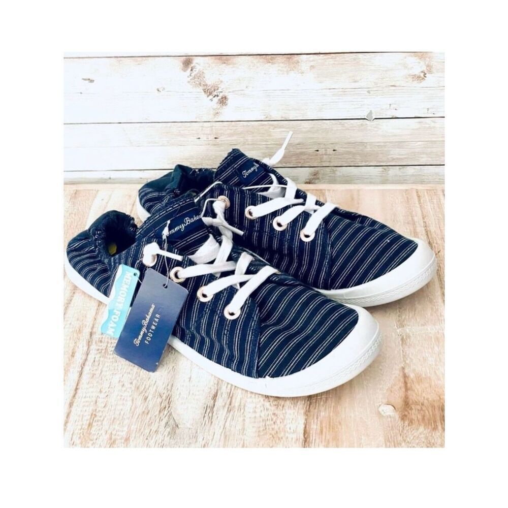 NWT TOMMY BAHAMA 7.5 No-Tie Memory Foam Slip-on Sneakers Navy Blue/White Striped